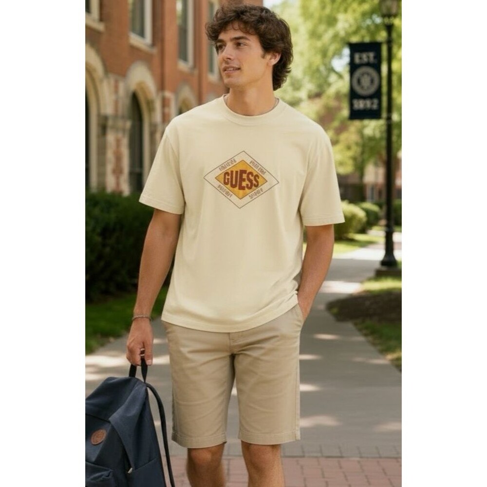 Guess Originals Butter Yellow Logo T Shirt Textured Varsity Graphic XL Cotton